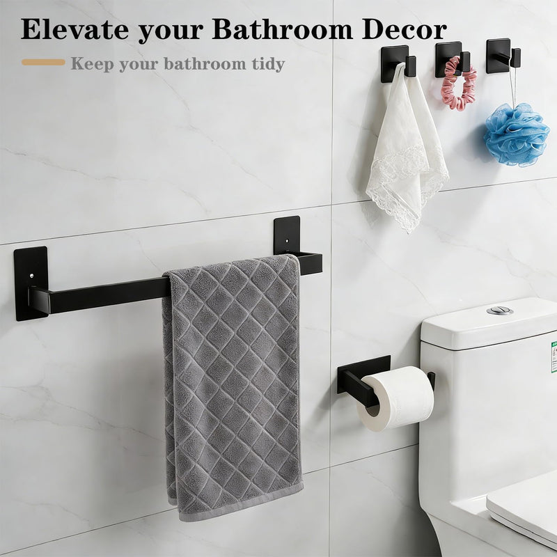 5 Pieces Self Adhesive Bathroom Hardware Set-SUS304 Stainless Steel-Towel Rack Set Include 16″Towel Bar+Toilet Paper Holder+3 Towel/Robe Hooks Bathroom Accessory (Matte Black, 16 in) Matte Black