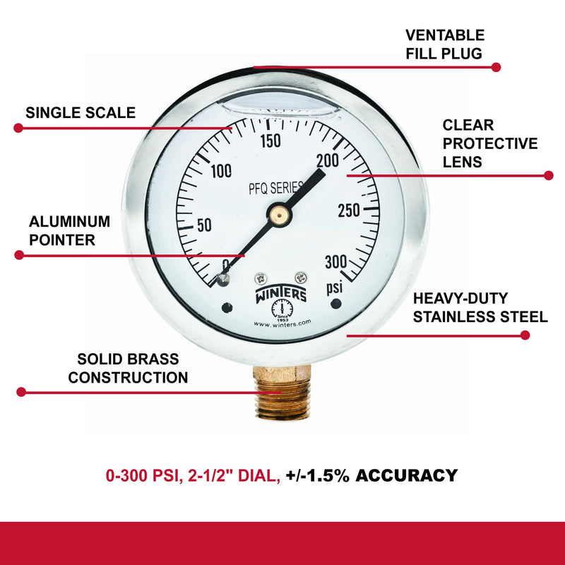 Winters 2-1/2" Dial Size, Liquid Filled Industrial Pressure Gauge, Brass Internals, 304 Stainless Steel Case, Single Scale 0-300 psi, 1.5% Acc, 1/4" NPT Bottom Mount, Glycerin Filled Pressure Gauge 0/300 PSI