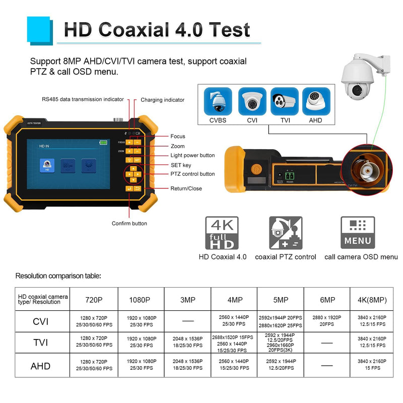 EVERSECU 4.3 Inch CVI TVI AHD CCTV Camera Tester Monitor - 8MP HD Auto Recognition, DC12V Power Output, 5200mAh Battery - Supports PAL/NTSC, Coaxial PTZ Control, Media Player & Audio Test HD-2900