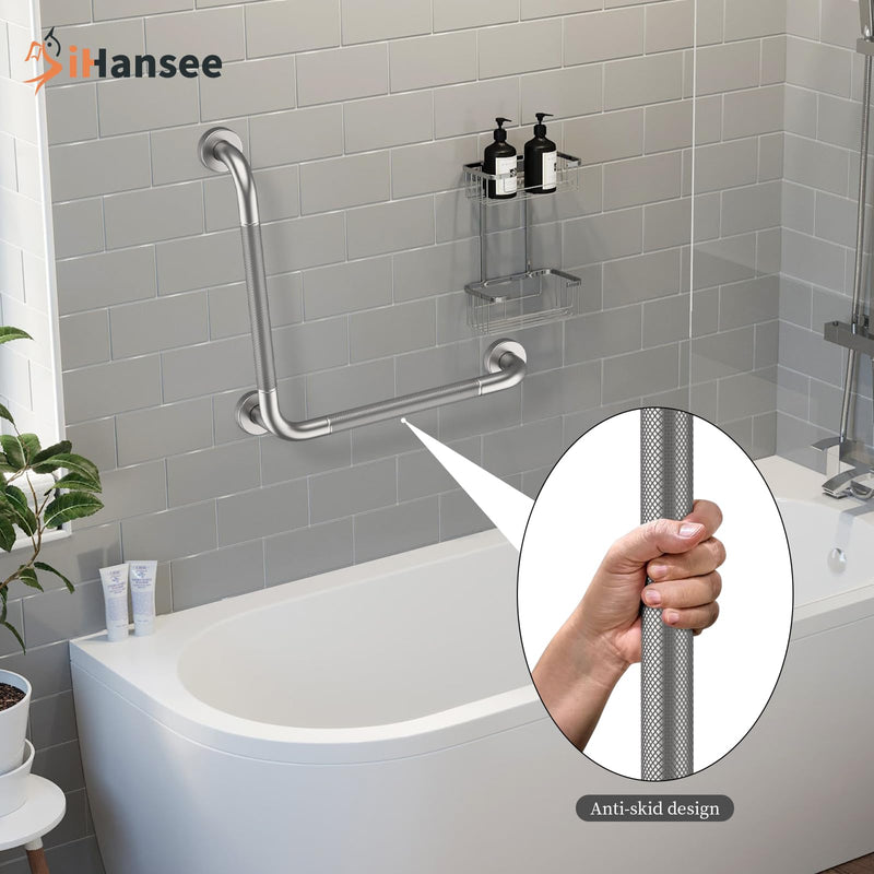 [AUSTRALIA] - Angled Grab Bar 16x16 Inch Stainless Steel Knurled Toilet Handles Wall Mounted Bathroom Handicap Safety Rails for Elderly Injured Balance Support, L-Shaped Brushed Nickel Grab Bar for Shower
