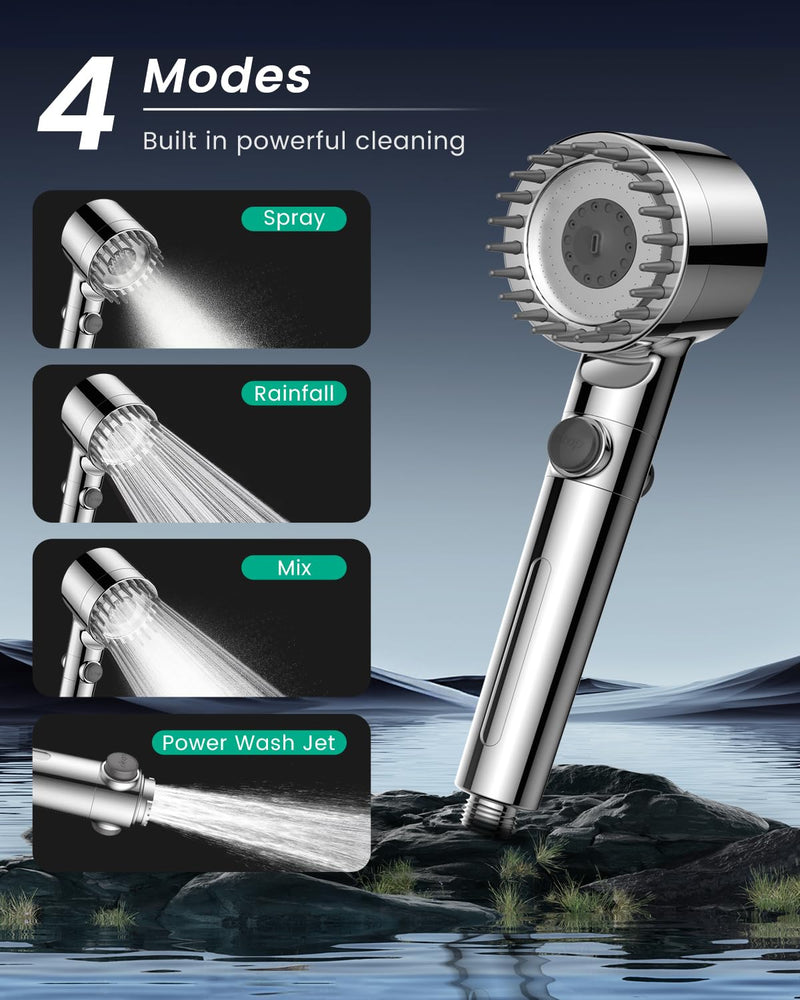 Filtered Shower Head with Handheld with 4PCS Filters, High Pressure 4 Spray Modes Shower heads with Filter, IronDrops Water Softener Filter for Hard Water 70" Hose (Chrome) Chrome