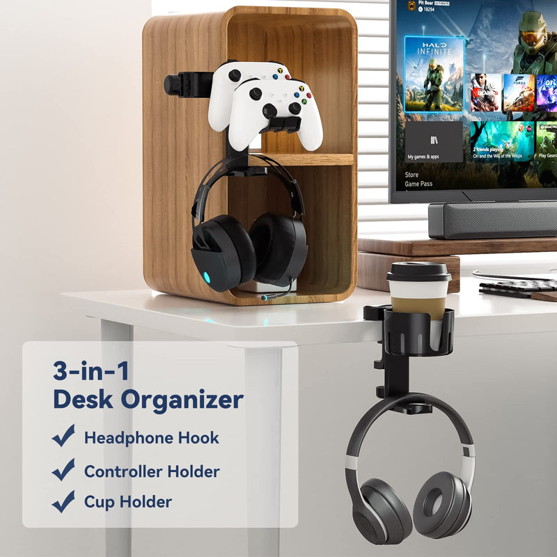 KDD Rotatable Headphone Hanger - 3 in 1 Under Desk Clamp Controller Stand Replaceable Cup Holder - Compatible with Universal Headset, Controller, Cup(Black) Black