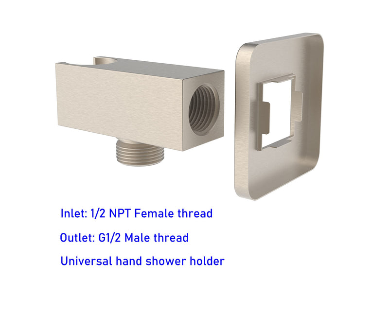 Wall Supply Elbow with Flange, Tapered 1/2 NPT Female Inlet, Solid Brass Wall Union with Handshower Holder, Square Wall Supply Elbow with Hand Shower bracket, PVD Brushed Nickel, G1/2 Outlet