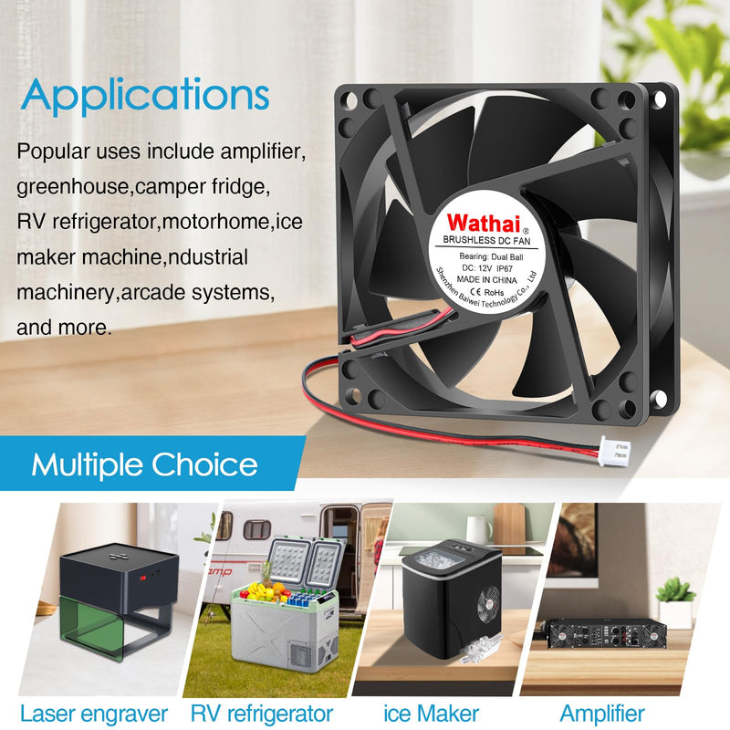 Wathai IP67 Waterproof 80mm x 25mm 12V Cooling DC Fan for RV Fridge Exhaust | 2 Pack, Dual Ball, 3 Inch, High Speed 12V Fan for RV Fridge Refrigerator DC Brushless Fan 12V waterproof 80mm 80x25mm