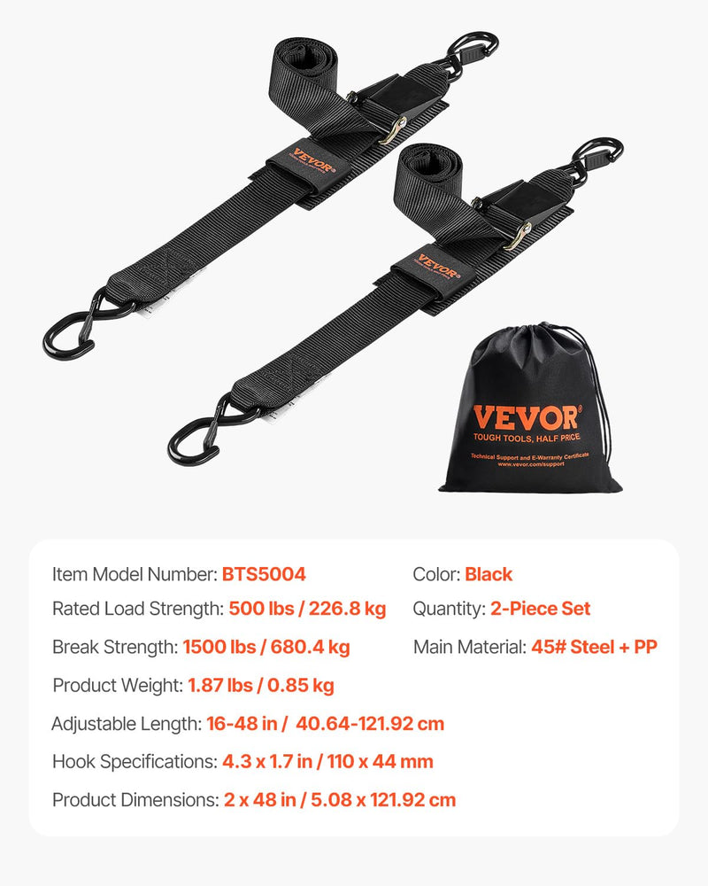 VEVOR Boat Trailer Transom Straps (2PK), 2’’ x 48’’ Adjustable Boat Straps 1,500lb Break Strength with Security Lock S Hooks, Transom Tiedowns for Trailer or Kayak Secure