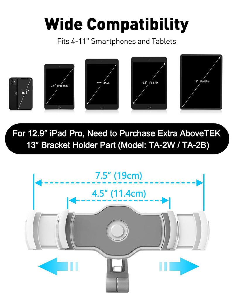 AboveTEK iPad Suction Mount, Phone Tablet Stand Holder with Suction Cup Fits 4"-11" Tablet/Phone/iPad mini/Air, Sticky iPads Mount on Window Bathroom Mirror, for Car Truck Windshield Boat (White) White