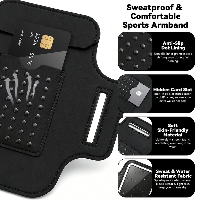 Running Armband with Card Slot, Black | Cell Phone Arm band for iPhone 17 16 15 14 13 12 Pro Max Plus Samsung Galaxy Ultra S26 S25 S24 S23 S22 S21 1 Pack