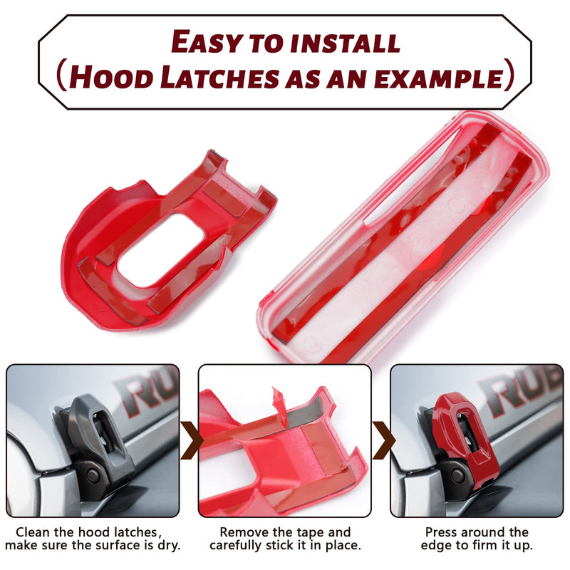Hood Latch Lock Catch Brackets Cover and Engine Hood Hinge Cover Set, for 2018-2021 Wrangler JL JLU & 2020-2021 Gladiator JT Exterior Accessories Decoration Stickers 4PCS (Red） Red