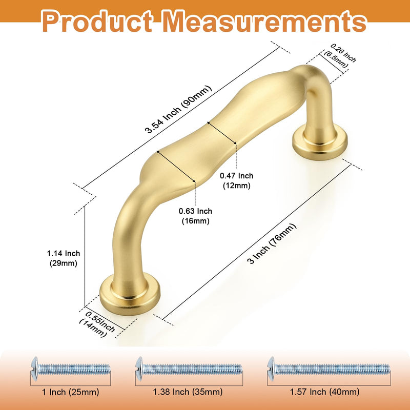 Probrico 10 Pack 3 Inch(76mm) Hole Center Brushed Gold Kitchen Cabinet Handles, Vintage Dresser Drawer Pulls for Kitchen Bathroom Cupboard Closet Gold Cabinet Pulls 3" Hole Center(76mm)
