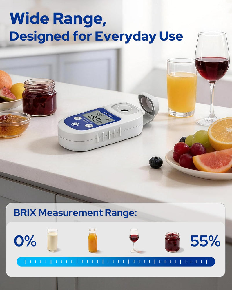 Digital Refractometer Range 0-55 BM101 Brix Refractometer ±0.2% Accuracy with ATC, IP65 Brix Meter for Juice, Wine Making & Coffee 0-55% Brix
