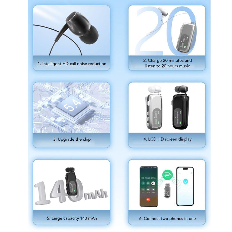 Retractable Wireless Headset Headphone Stereo Earphone, V5.4 Noise Cancelling Mic Clip on Earpiece LCD HandsFree Headset 20Hrs Talking Time Sports Earbud for Driving Business