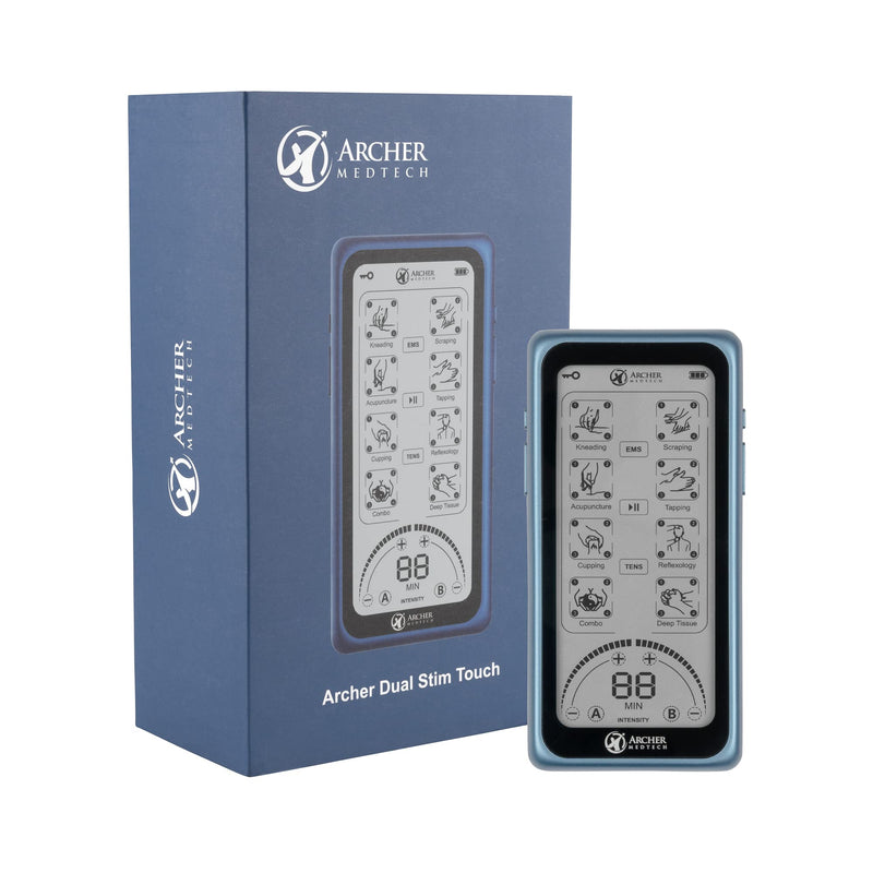 Dual Stim Touch TENS/EMS Unit – Rechargeable Touchscreen Muscle Stimulator with Dual Output Ports and 32 Massage & Stimulation Modes – Durable, Portable, Professional Quality Device