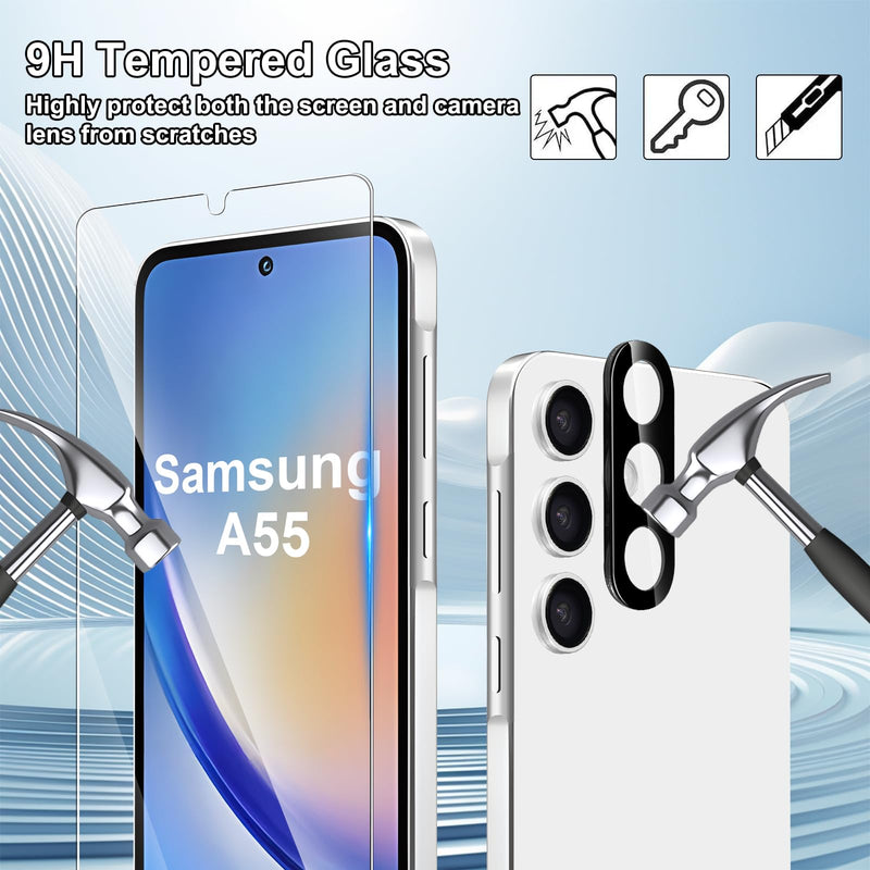 [3+3 Pack] Samsung Galaxy A55 5G Screen Protector, 3 Pack HD Tempered Glass + 3 Pack Camera Lens Protector, 9H Hardness, Touch Sensitive, Bubble Free, Case Friendly for Samsung A55 Screen Protector