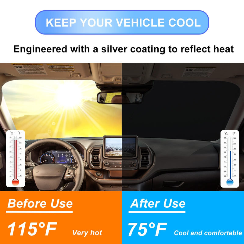Windshield Sun Shade for 2021-2025 Ford Bronco Sport| Fully Covered Foldable Front Window Sun Visor| 310T Polyester| UV Heat Insulation Protection| Outdoor Camping (Not for Bronco Model) Fit 2021-2025 Bronco Sport