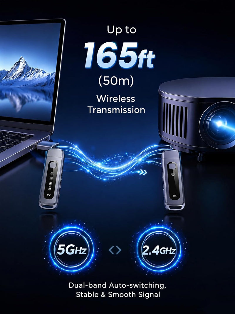 Wireless HDMI Transmitter and Receiver 165FT/50M, LED Display, 4K Decoding 1080P@60Hz Output, Plug & Play, Zero Latency, Dual-Band 5G+2.4G for Video and Audio Monitor from Projector/TV Box/PC 2