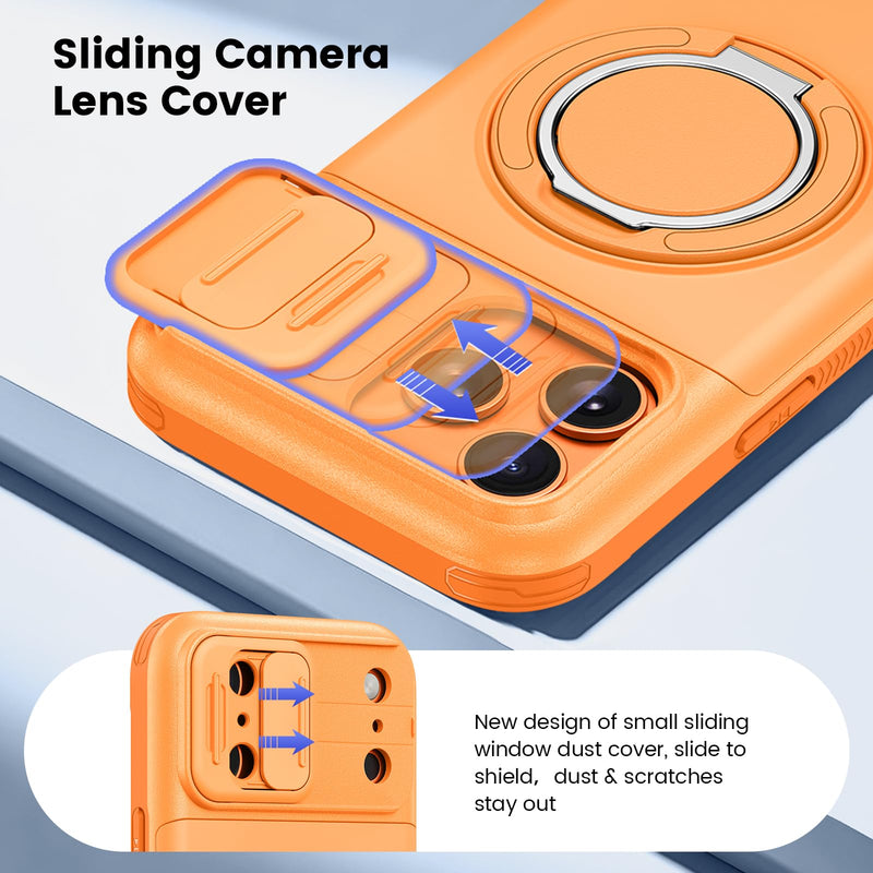 Ruky for iPhone 17 ProMax Case with Slide Camera Cover and Stand, Orange | Wallet Card Holder & Screen Protector [Not Support Wireless Charging] Military-Grade Drop Protection Phone Cover, Orange