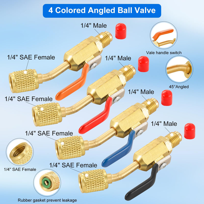AC Refrigerant Angled Compact Ball Valve Set, 10pcs Air Conditioning Refrigerant Ball Valve 1/4 with R410A Mini Split Adapters 5/16" Female to 1/4" Male, Low Loss Fittings HVAC Tools 4 Ball Valve + 6PC R410A Adapter