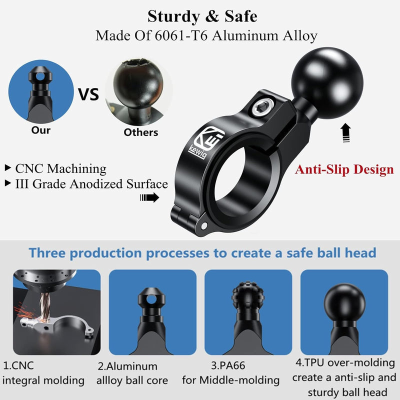 BRCOVAN Aluminum Alloy Handlebar Mount Base with 1'' TPU Ball for Round Rail Diameter 0.5'' 0.87'' 1'' 1.125'' 1.26'', Compatible with RAM Mounts B Size 1 Inch Ball Double Socket Arm R3-Set of 1