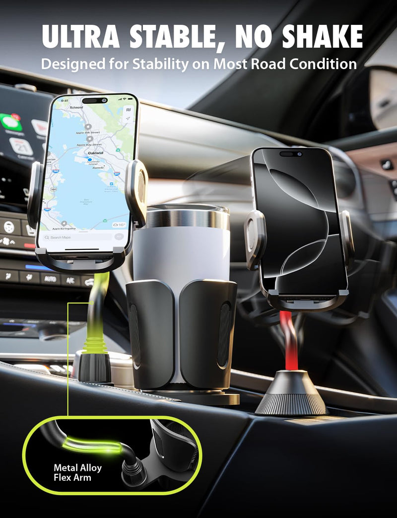 Bracketron TripGrip 2.0 Cup Holder Phone Mount, Metal Gooseneck | TripGrip 2.0 2-in-1 cup holder phone holder with metal arm, one-click release, and expandable base for trucks