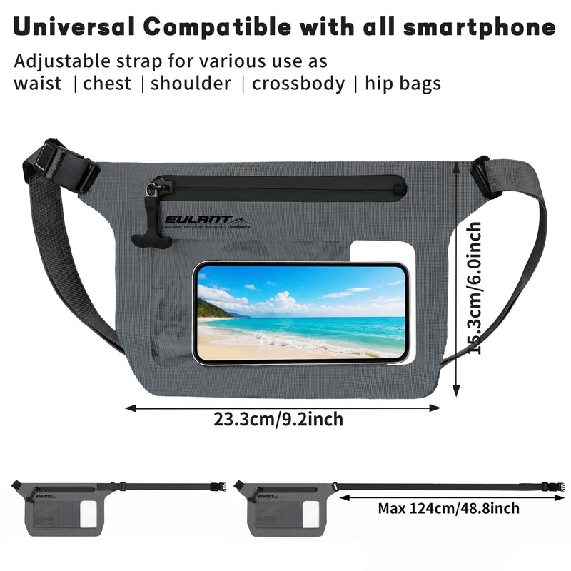 EULANT IPX8 Waterproof Phone Pouch,Reusable Fanny Pack Dry Bag | Fanny Pack Dry Bag with Screen Touch Sensitive for Beach Swimming,Boating,Kayaking,Rafting Dark Gray 1 PC