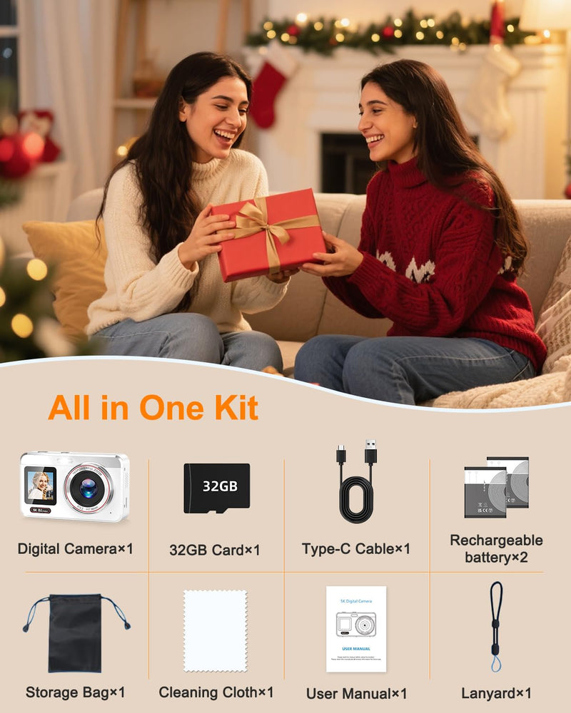 Digital Camera, 5K 80MP Dual Screen, Auto Focus for Beginners Teens | Point and Shoot Camera with 18X Zoom, 32GB Card & 2 Batteries, Great Travel Vlogging Camera for YouTube, White