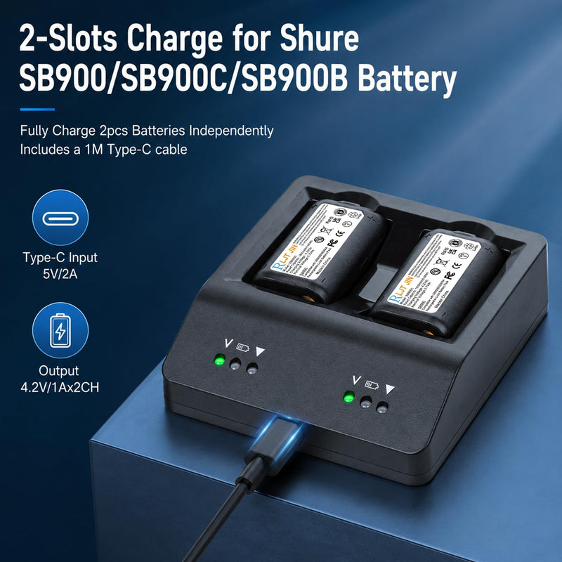 for Shure SB900C SB900B SB900 Battery SBC20-900 Dual Charging Cradle | Replacement SBC100-US SBC10-100-US Charging Cradle with 1M Type-C Cable, Type-C Input 5V/2A,Output 4.2V/1Ax2CH