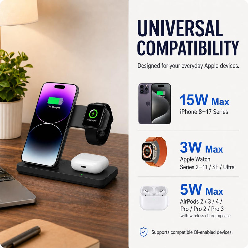 3 in 1 Charging Station,Wireless Charger iPhone Charger Stand Multiple Devices for iPhone 17-8 Series,Apple Watch 11-2 SE and Ultra Series, Airpods 4 3 Pro black