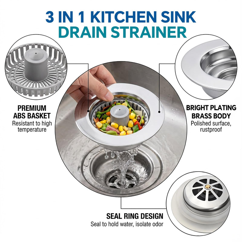 Kitchen Sink Stopper, 3 in 1 Pop Up Kitchen Sink Drain Strainer, with an Extra Basket Strainer, Sink Drain Stopper for US Standard 3-1/2 Inch, Brass Material Electroplate (Silver 2pcs) Silver 2pcs