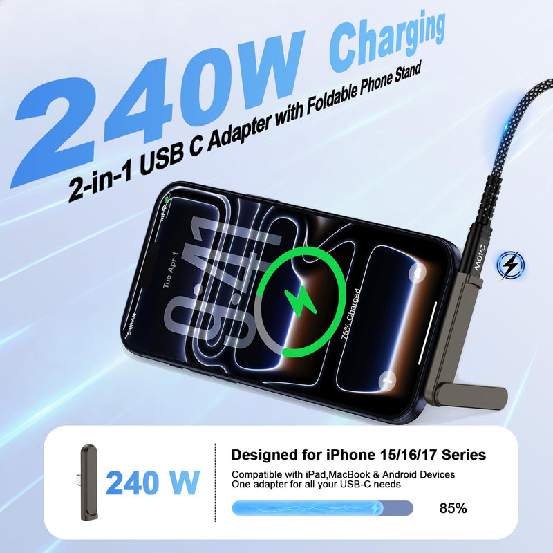 Invisible Phone Stand with USB C Adapter,240W Fast Charging USB C Male to | USBC Female Connector Adapter for iPhone 17 Pro Max/17e/17/16e/16/15/15 Plus/2-in-1 Compact Phone Foldable Holder Kickstand
