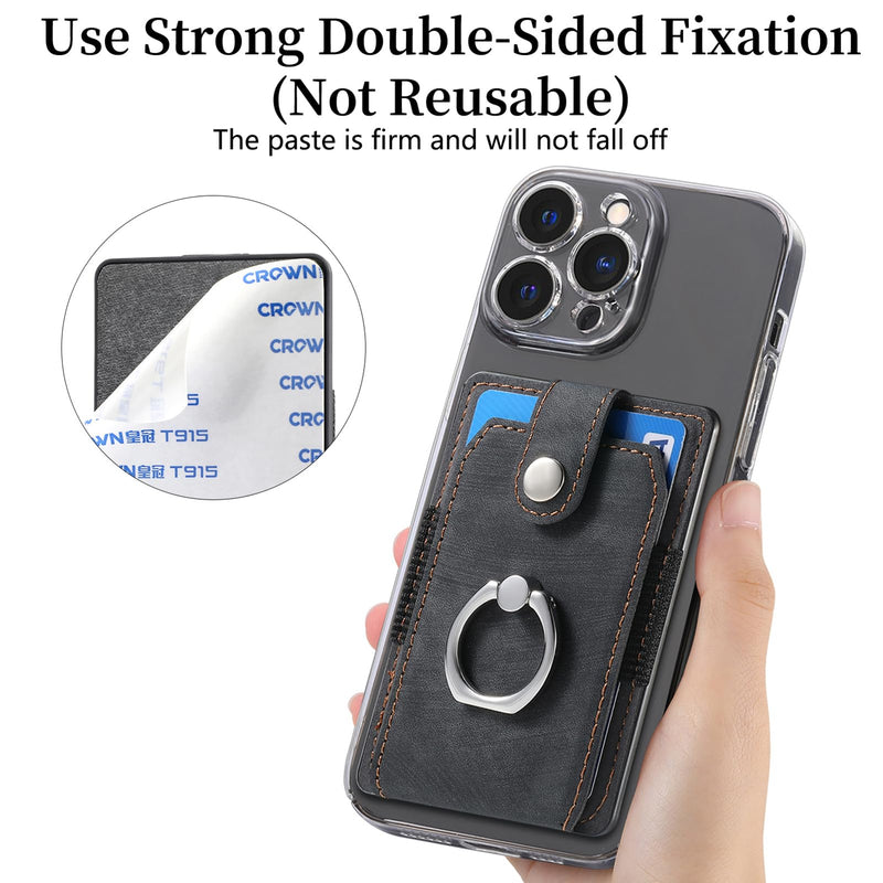Adhesive Phone Card Holder Wallet with 360° Ring Stand-Black ﻿ | Black stick-on card pouch holds up to 3 daily cards with snap closure, ring grip and kickstand for smooth flat phone backs