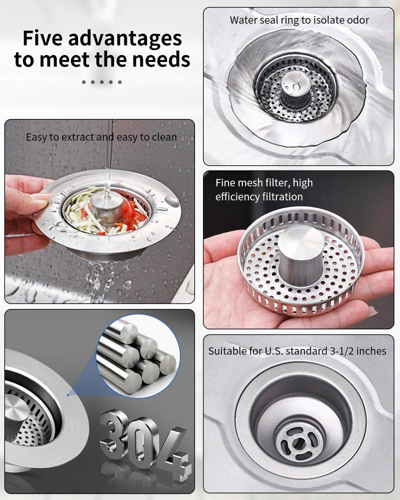 3 in 1 Kitchen Sink Drain Strainer [304 Stainless Steel Pop Up] Anti-Clogging Kitchen Sink Drain Stopper Stainless Steel Drainage Odor Filter Sink Plug for Us Standard 3-1/2 Inch (2 Pack) SUS304 Drain Strainer-2Packs