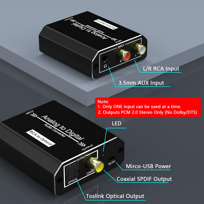Analog to Digital Audio Converter, RCA L/R & 3.5mm Jack AUX to Coaxial/Optical Toslink SPDIF Audio Adapter, 48kHz/24bit PCM LPCM Stereo ADC, for TV/CD/Game Console/Soundbar/Headphone