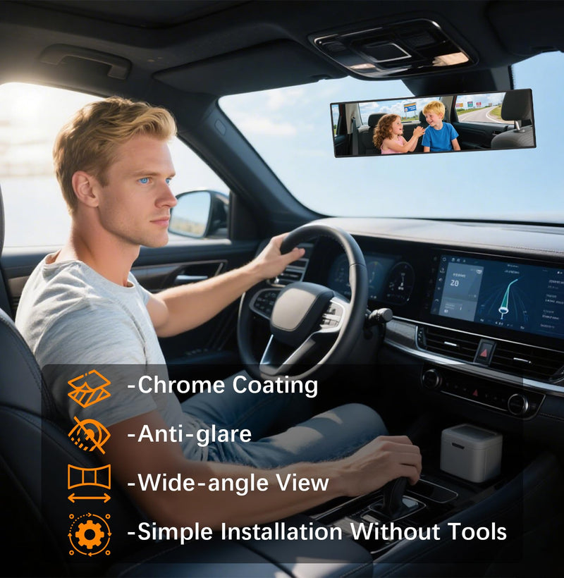  [AUSTRALIA] - Rear View Mirror, Chrome Anti-glare Panoramic Rear Mirrors Universal 16 Inch Convex Interior Clip on Extra Big Wide Angle Rearview Mirror Extender to Reduce Blind Spot for Pickup Truck Van 1