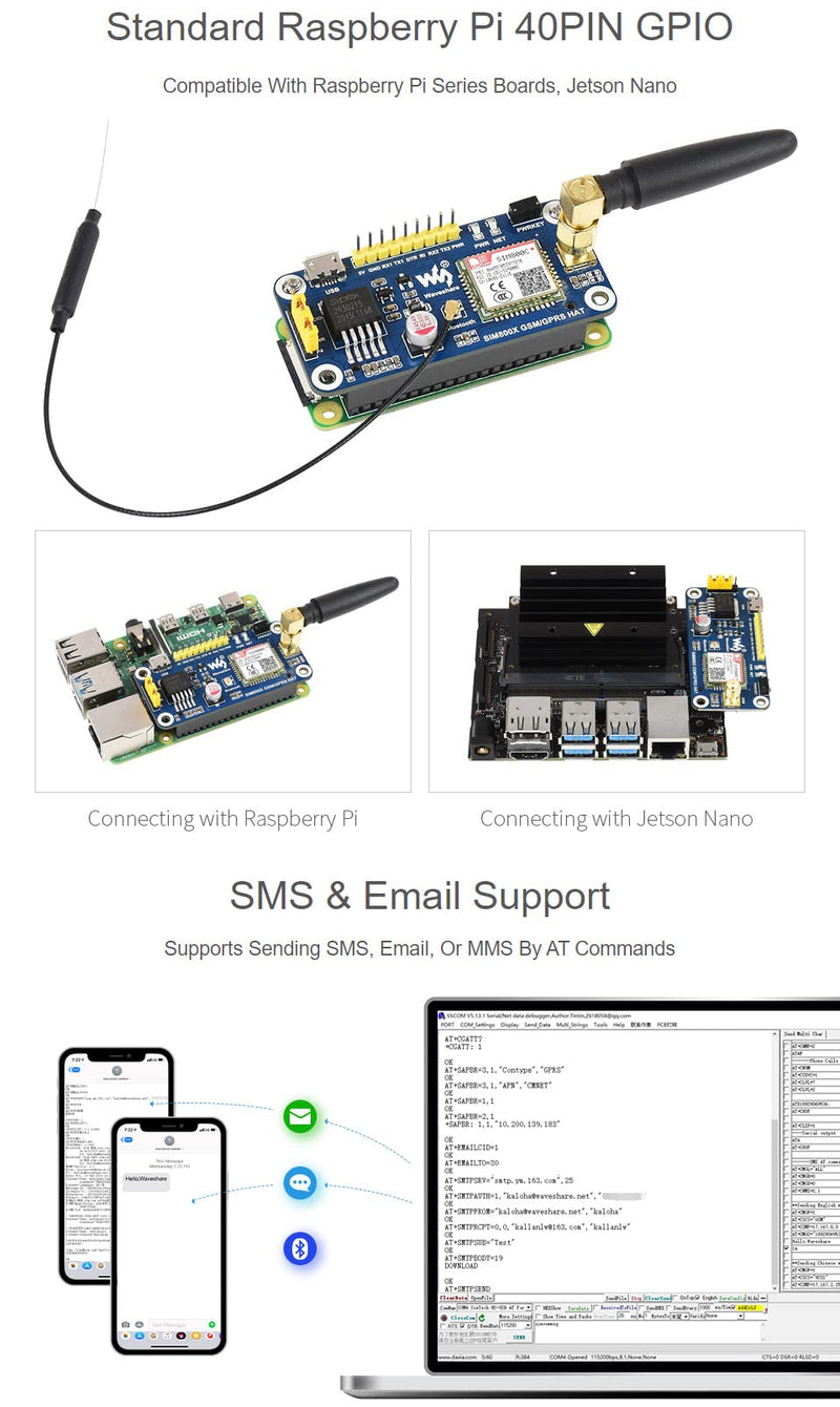 Waveshare GSM/GPRS HAT, Compatible with Raspberry Pi 5/4B/3B/Zero/Zero W/Zero 2W/Pico/Pico W/Pico WH,Jetson Nano Based on SIM800C Support SMS Data Transfer ect, 2G Communication