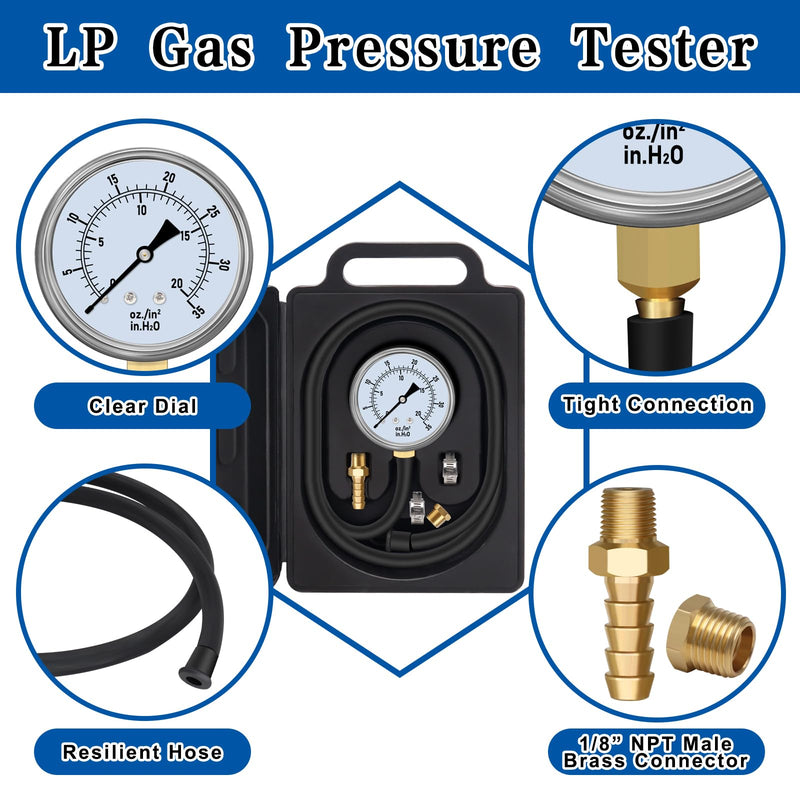 Manometer Gas Pressure Tester 0-35'' WC Natural or LP Gas Pressure Test Kit Natural Gas Meter Manifold Gauge with 1/8" NPT Brass Fitting Barbed Connection and 40" Hose Clamp