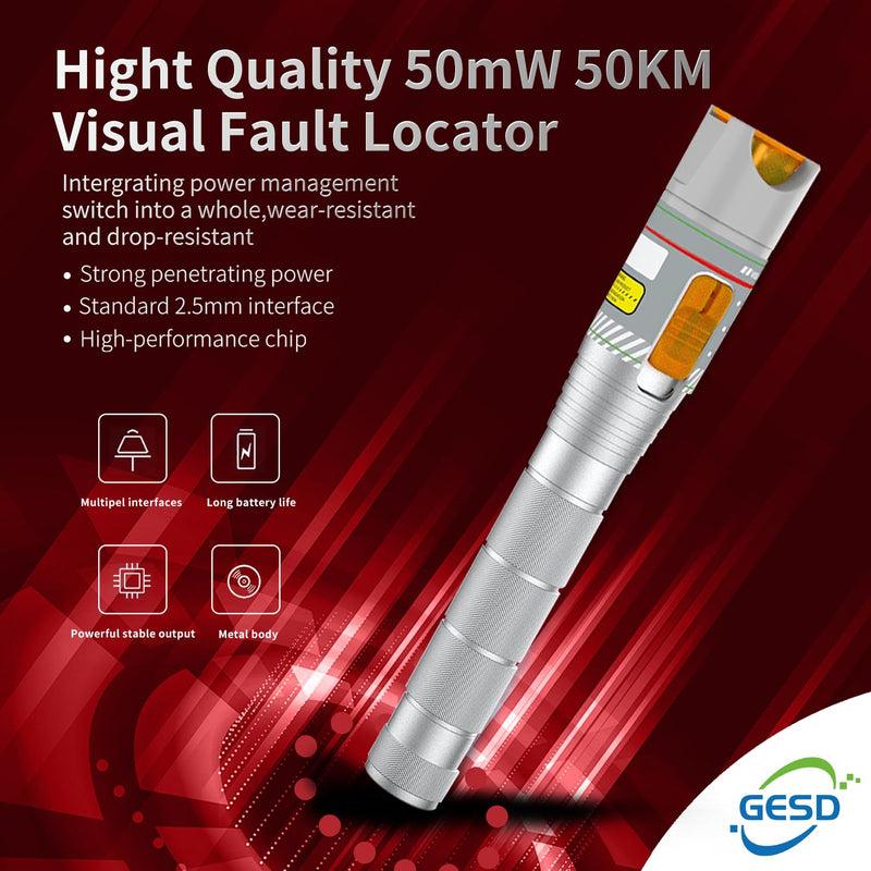 Fiber Visual Fault Locator with FC/LC Adapter Kit, VFL Include Single Mode 9/125um FC Male to LC Female Connector, Red Light Pen for CATV Telecommunications Engineering Maintenance Sliver VFL-50 Pro 1