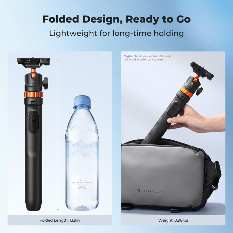 K&F CONCEPT Auto Open 62'' Selfie Stick Tripod with Remote for Vlog | 360° Ball Head Camera Tripod with 2-in-1 Phone Holder, Compatible with DJI Osmo Pocket 3 4 Insta360 Luna Ultra. MS34