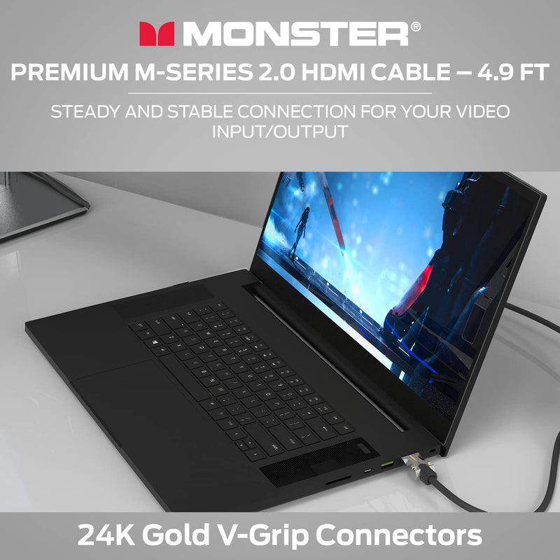 Monster M-Series Certified Premium HDMI Cable 2.0, High-Speed 22.5 Gbps, 4K UHD 60Hz, Triple-Layer Shielding, Duraflex Jacket, HDMI Cable for TV, Monitor, Gaming, PC, 4.9 ft
