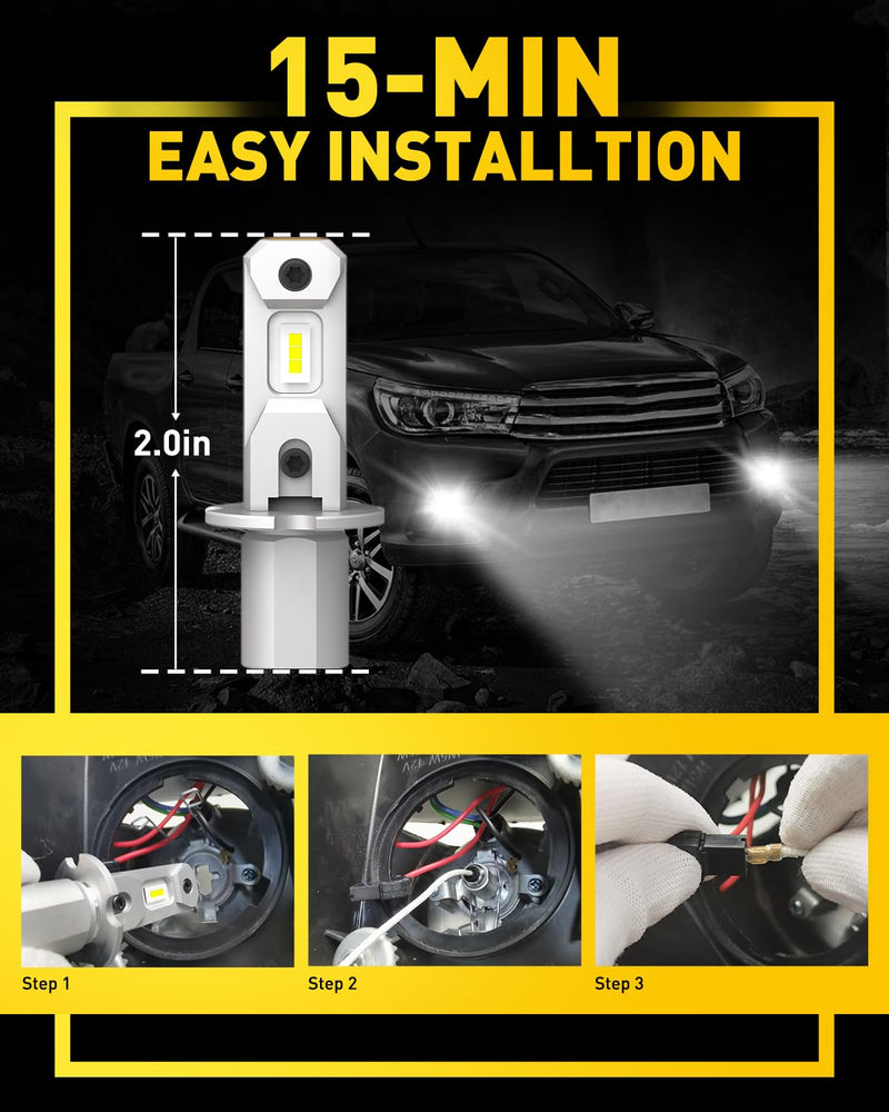 AUXITO H3 LED Fog Light Bulbs 6500K White, 300% Brighter CSP Chips, 1:1 Mini Size, Plug n Play, H3ll LED Bulb Light for Fog Lamp, DRL, High/Low Beam, Pack of 2 Cool White H3/H3ll