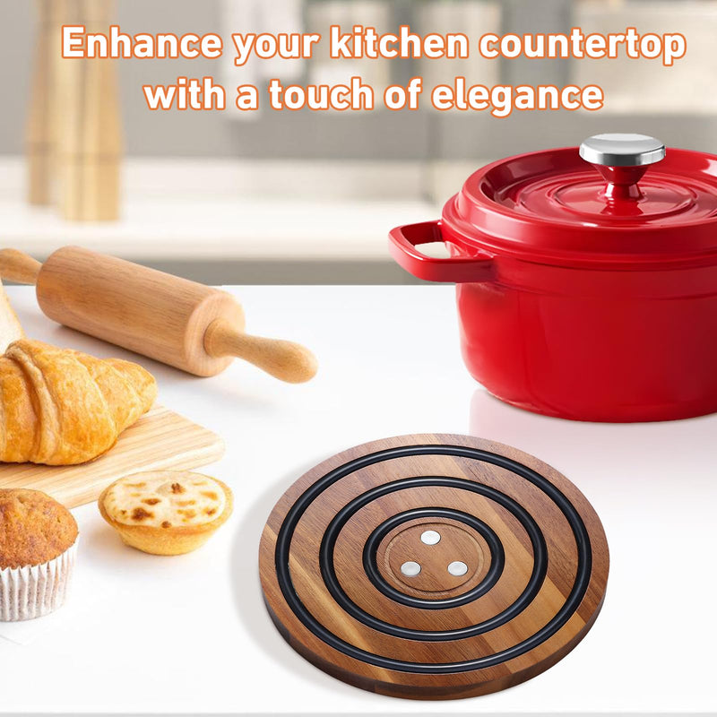 2 Pcs Magnetic Wooden Trivets, Acacia Wood with Black Silicone Rings, Magnetic Pot Holder for Le Creuset Enameled Cast Iron Dutch Oven & Cast Iron Skillets, Wood Trivet