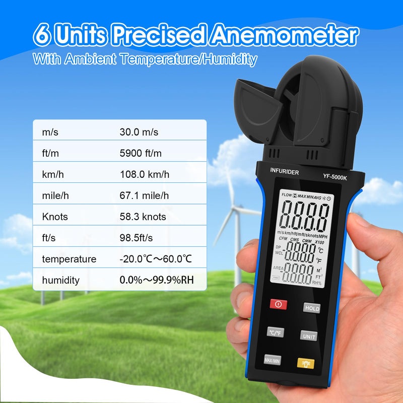 Digital Anemometer Wind Speed Meter, 6-in-1 Wind Gauge for Velocity/Temperature/Relative Humidity, Auto-Off with Data Hold, LCD Backlight, for Shooting, Sailing 5000K