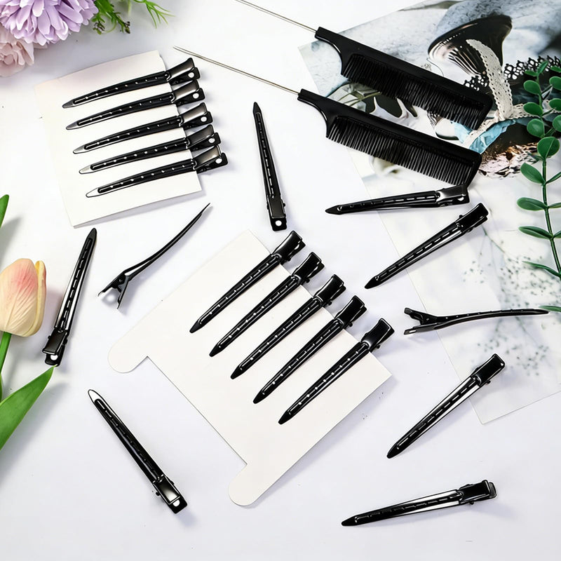 30 Pcs Metal Duck Bill Hair Clips for Styling Sectioning, 3.4 inch Black Alligator Curl Clips with 2 Pcs Rat Tail Combs for Hair Roller, Salon, Bows DIY