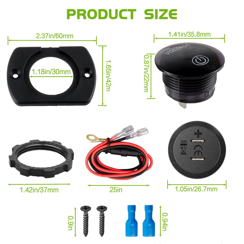 2 Pack DC 12V 24V Volt Meter Battery Voltage Gauge Digital Gauge Waterproof Voltmeter with Touch Switch and Mounting Plate Round for Boat Marine Motorcycle Truck(Green Light) Green