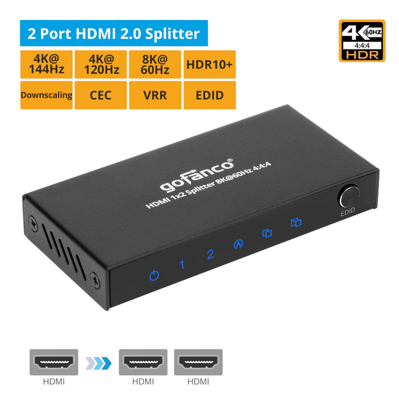 gofanco 8K 60Hz 1x2 HDMI Splitter – 8K @60Hz 444, 4K @144Hz/120Hz, 1080p @240Hz, VRR, ALLM, CEC, Auto Downscale, HDCP 2.3/2.2/1.4, EDID, HDR10/HDR10+, LPCM/DTS/DD/Atmos (HDsplit8K-2P) 1x2 8K 60Hz HDMI Splitter