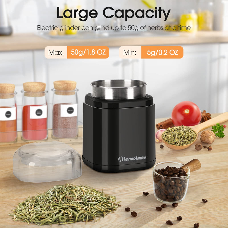 Herb Grinder Spice Grinder, 200 w Herb Grinder with Stainless Steel Blade and Cleaning Brush, Compact Size Electric Grinder for Herbs and Spices -5.11in (Black) Black