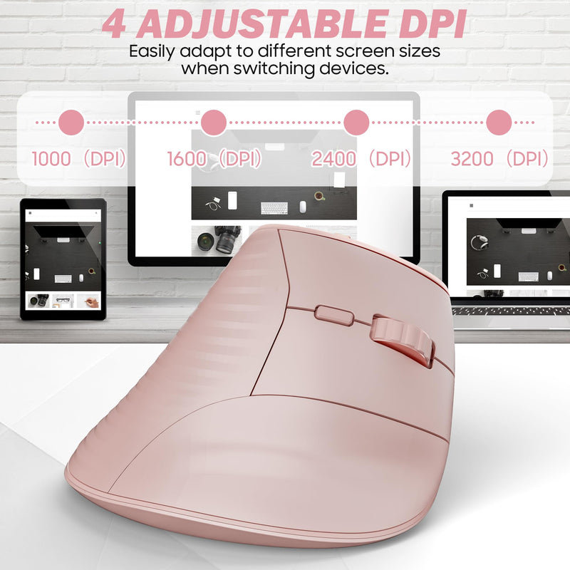 Wireless Vertical Ergonomic Mouse, Multi-Device(Bluetooth + 2.4G Connection), 4 Adjustable DPI, 7 Buttons Computer Mouse for PC, Laptop, Desktop, MacBook - Pink