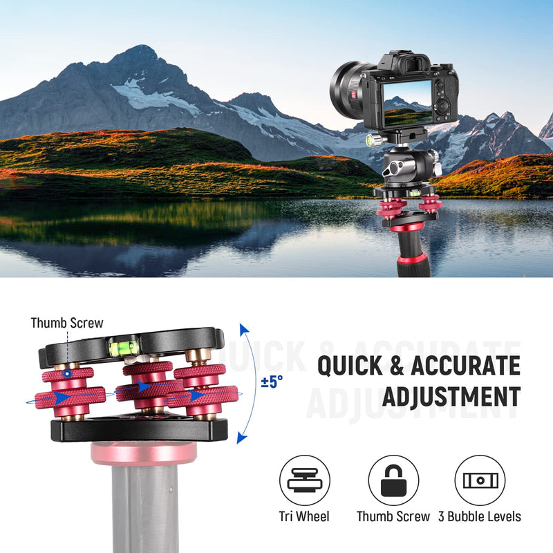 NEEWER Tripod Head Leveling Base Camera Leveler, Aircraft Grade Aluminum Alloy 3 Axis Tri Wheel Head, 3/8” Thread, -5° Precise Angle Adjustment for Macro Panoramic Photography, LP64