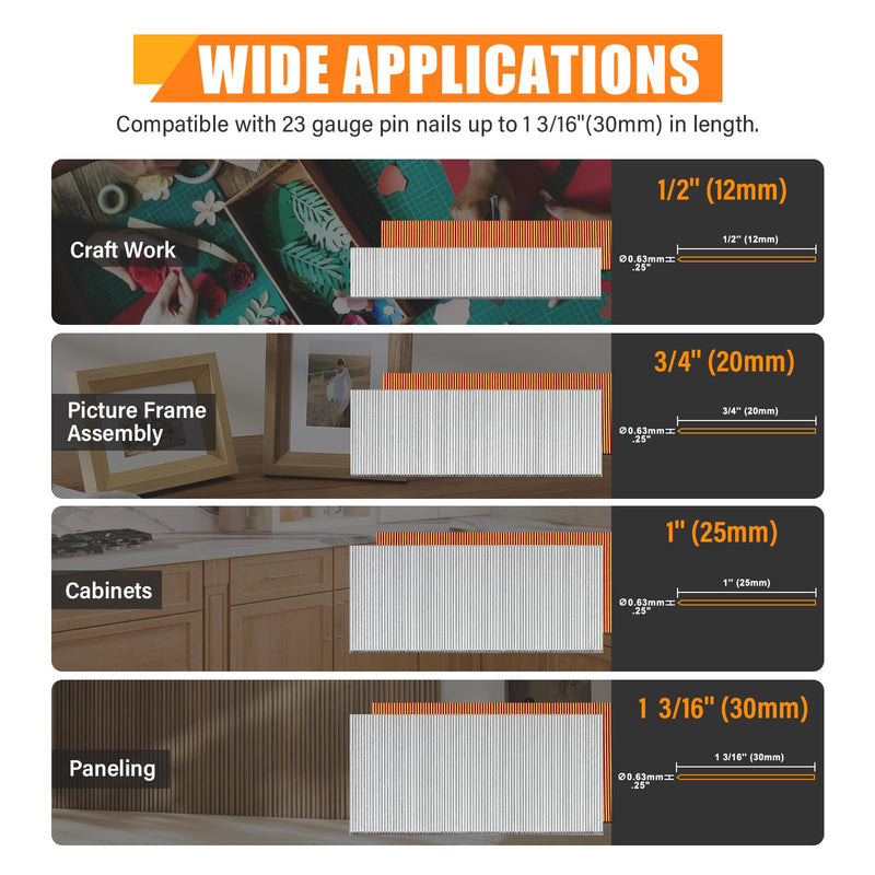 P630 23 Gauge Pneumatic Pin Nailer with 10,000PCS 1/2" Pin Nails | 1/2" to 1-3/16"(12-30mm) Leg Length, Micro Pinner with Safety, Air Headless Pin Nail Gun for Furniture, Cabinets P630
