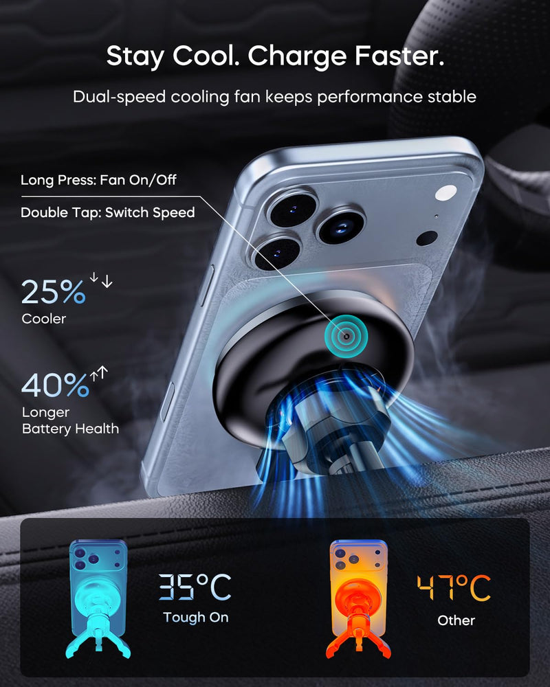 Qi2.2 25W for MagSafe Car Mount Charger, Wireless Car Charger | Cooling Fan, 45W Adapter, Air Vent Magnetic Car Phone Holder, Fast Charging for iPhone 17/16/15 Series & Samsung Galaxy