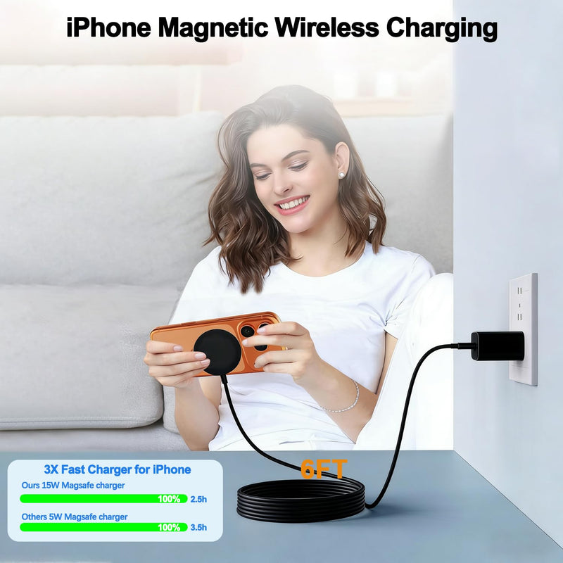 [Apple MFi Certified] iPhone Magnetic Wireless Charger 15W 6FT Mag-Safe Charging Pad with USB C Fast Wall Charger Block for iPhone 17 Pro Max/Air/16 Pro/16 Plus/15/14/13/12/AirPods Pro 3/2(Black)